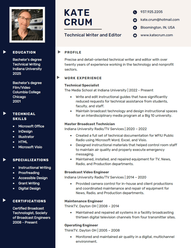 Screenshot of Kate Crum's resume.