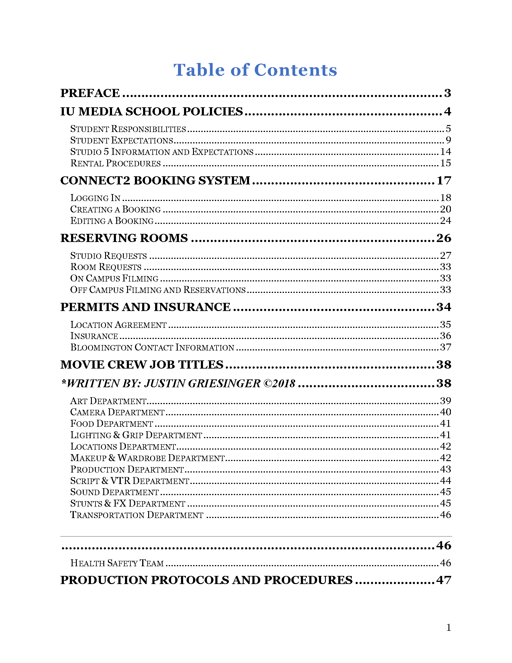 The original table of contents from The Media School's Student Film Production Handbook.